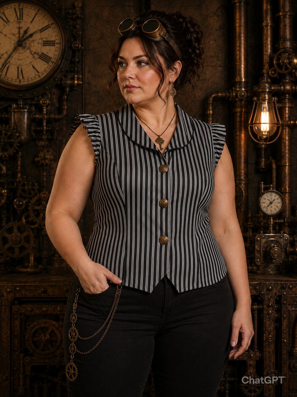 2X Steampunk Victorian Waistcoat Corset Back Black/Gray Stripe Dark Academia